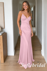 Blush Pink Satin Lace Slip Dress Formal Evening Maxi Gown, PD1296