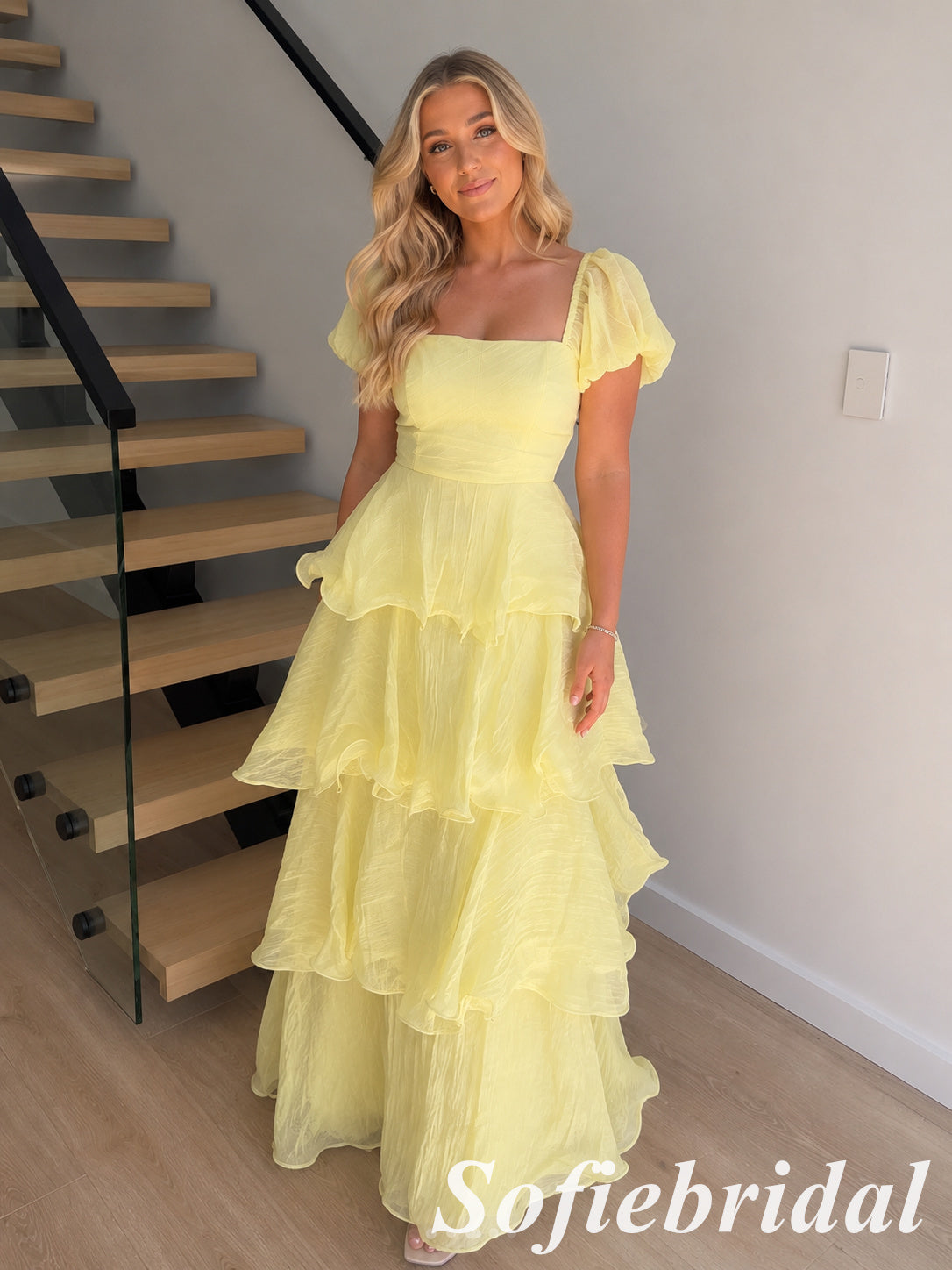 Butter Yellow Flowy Chiffon Square Neck Tiered Ruffle A-Line Long Prom Dress, PD1302