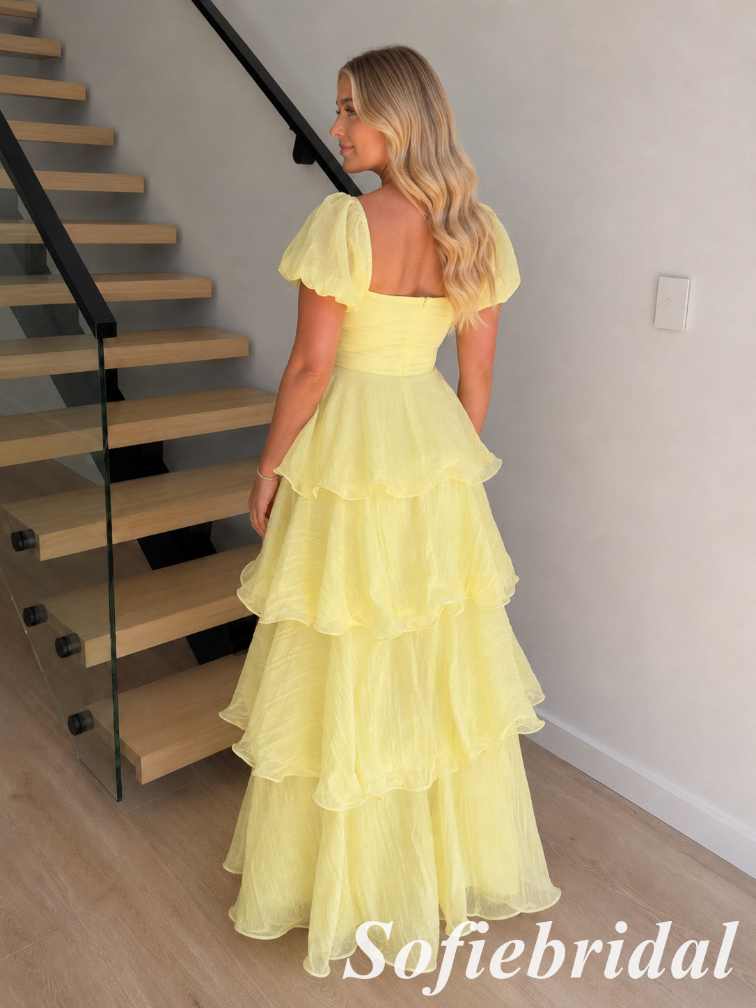 Butter Yellow Flowy Chiffon Square Neck Tiered Ruffle A-Line Long Prom Dress, PD1302