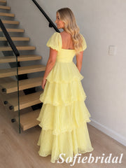 Butter Yellow Flowy Chiffon Square Neck Tiered Ruffle A-Line Long Prom Dress, PD1302