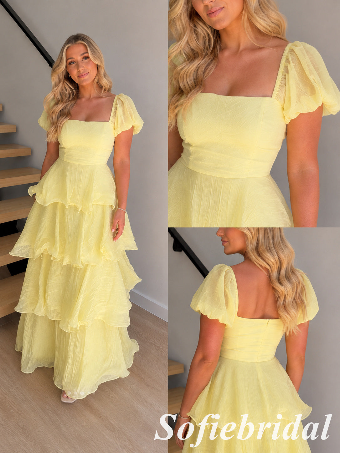 Butter Yellow Flowy Chiffon Square Neck Tiered Ruffle A-Line Long Prom Dress, PD1302