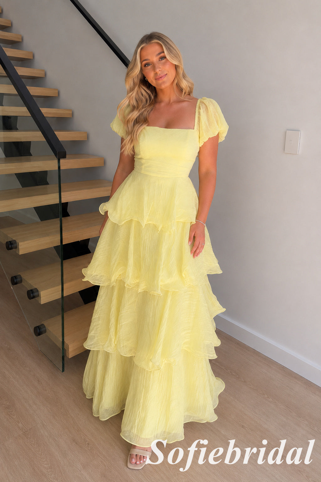 Butter Yellow Flowy Chiffon Square Neck Tiered Ruffle A-Line Long Prom Dress, PD1302