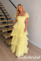 Butter Yellow Flowy Chiffon Square Neck Tiered Ruffle A-Line Long Prom Dress, PD1302