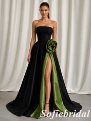 Classic Black Satin Strapless Prom Dress Green Floral Applique Side Split Evening Gown, PD1310