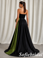 Classic Black Satin Strapless Prom Dress Green Floral Applique Side Split Evening Gown, PD1310