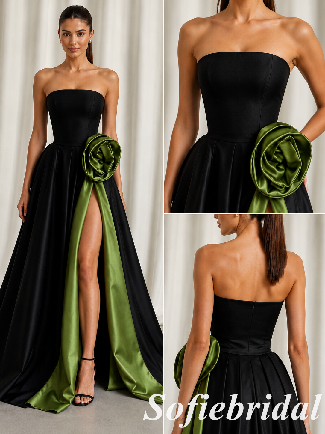 Classic Black Satin Strapless Prom Dress Green Floral Applique Side Split Evening Gown, PD1310