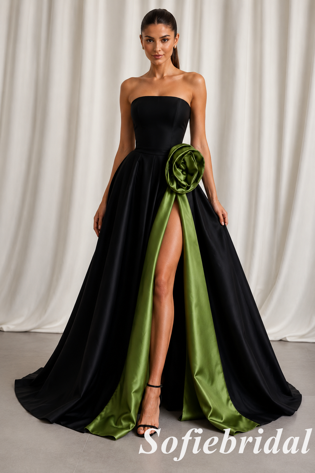 Classic Black Satin Strapless Prom Dress Green Floral Applique Side Split Evening Gown, PD1310