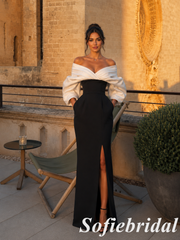 Contrast White Bardot Puff Sleeve Black Fitted Slit Pocket Evening Gown, PD1311
