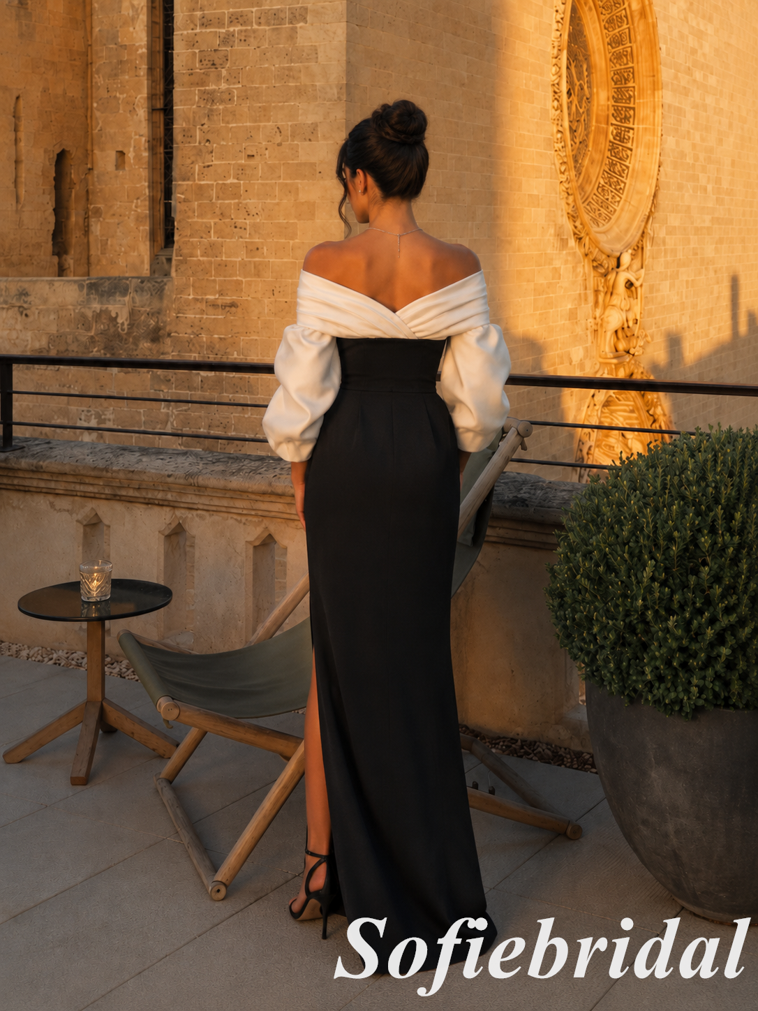 Contrast White Bardot Puff Sleeve Black Fitted Slit Pocket Evening Gown, PD1311