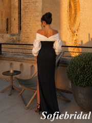 Contrast White Bardot Puff Sleeve Black Fitted Slit Pocket Evening Gown, PD1311