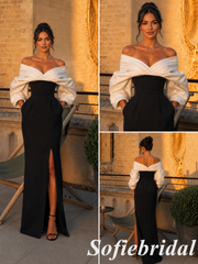 Contrast White Bardot Puff Sleeve Black Fitted Slit Pocket Evening Gown, PD1311