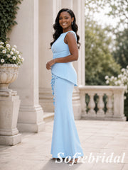 Chic Crepe Sky Blue 3D Floral Sleeveless Peplum Column Gown, PD1321