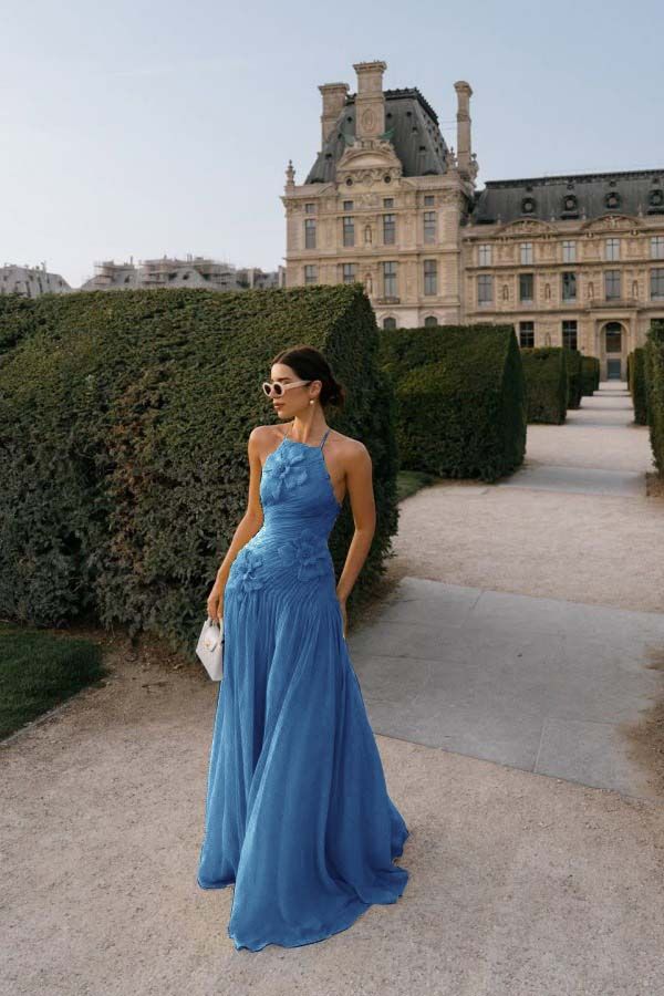 Elegant Chiffon Halter Sleeveless A-Line Maxi Prom Dress/Graduation Dresses With 3D Flower, PD01193