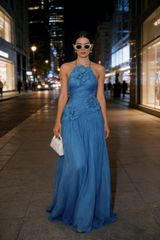 Elegant Chiffon Halter Sleeveless A-Line Maxi Prom Dress/Graduation Dresses With 3D Flower, PD01193