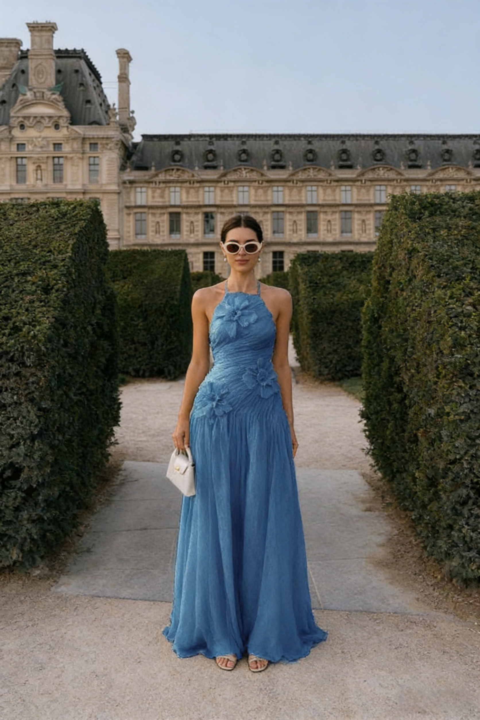 Elegant Chiffon Halter Sleeveless A-Line Maxi Prom Dress/Graduation Dresses With 3D Flower, PD01193