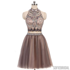 2 Pieces High Neck Rhinestone Beaded Tulle Homecoming Dresses, Short Prom Dresses, SF0090