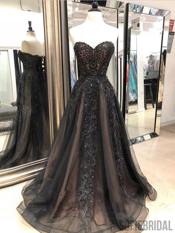 A-line Sweetheart Lace Appliques Beading Tulle Prom Dresses, PD0091