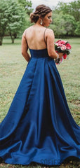 A-line Spaghettie Straps V-neck Backless Prom Dresses With Pockets, PD0112