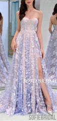 A-line Strapless Newest Lace Appliques Prom Dresses With Split, PD1016