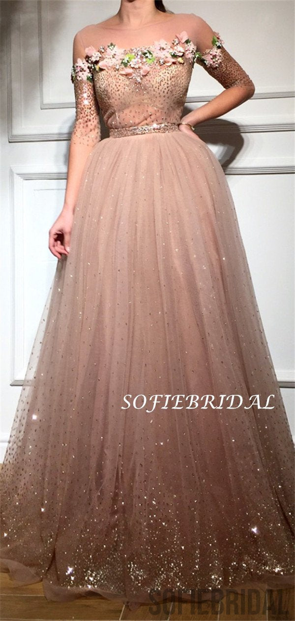 A-line Beteau Neck Half Sleeves Beading And Appliques Prom Dresses, PD1019