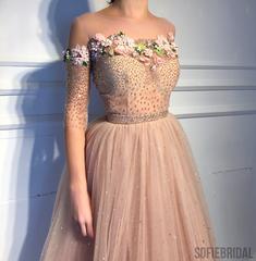 A-line Beteau Neck Half Sleeves Beading And Appliques Prom Dresses, PD1019