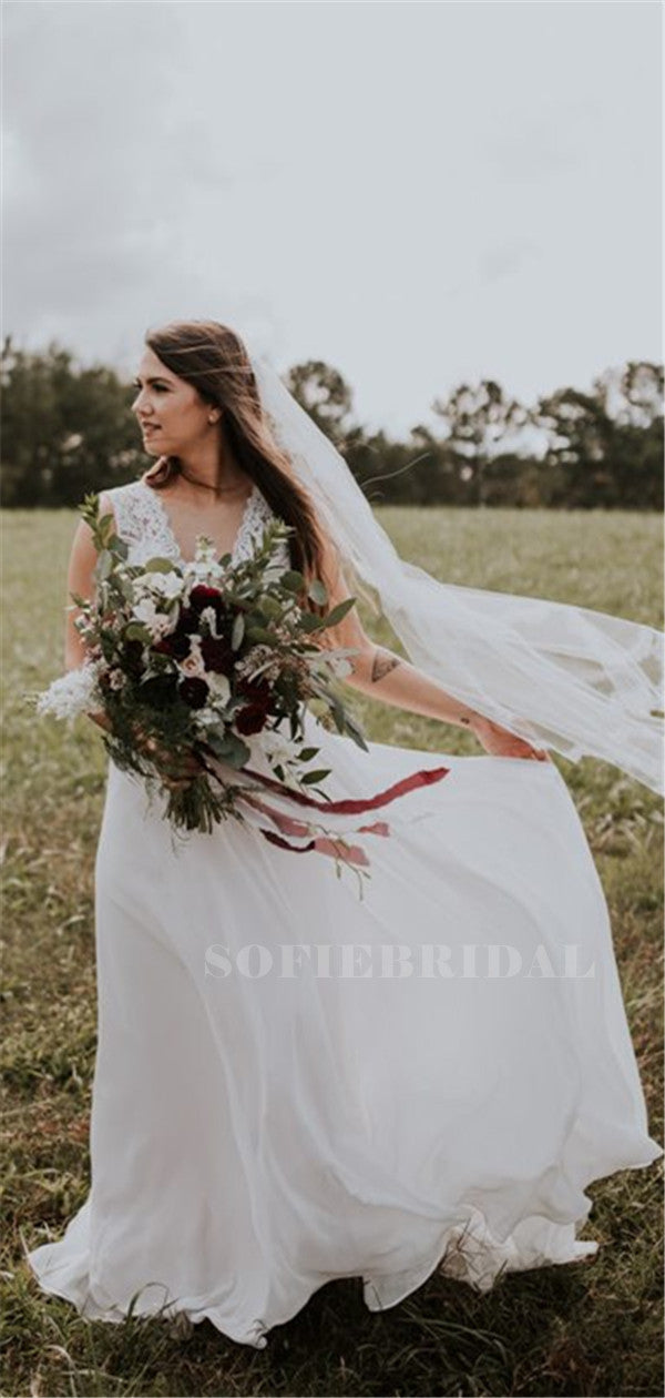 A-line Deep V-neck Lace Top Sleeveless Wedding Dresses, WD0508