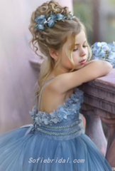 Cute Elegant Spaghetti Straps Tulle Beading Applique A-Line Flower Girl Dresses, FGS0033