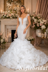 Beaded Lace Mermaid Wedding Dress With Ruffled Organza Skirt, SFWD0087