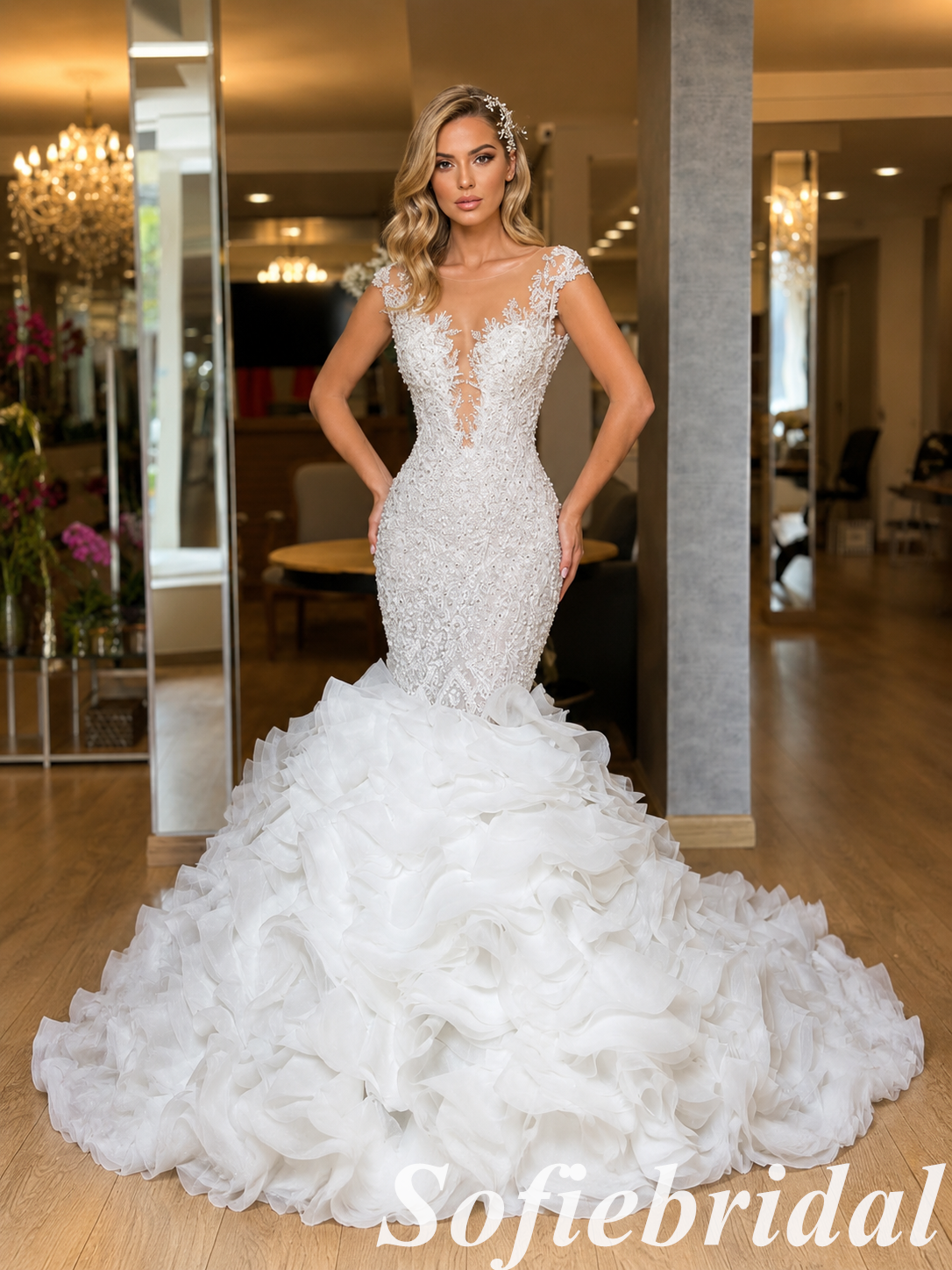Beaded Lace Mermaid Wedding Dress With Ruffled Organza Skirt, SFWD0087