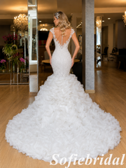 Beaded Lace Mermaid Wedding Dress With Ruffled Organza Skirt, SFWD0087