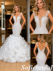 Beaded Lace Mermaid Wedding Dress With Ruffled Organza Skirt, SFWD0087