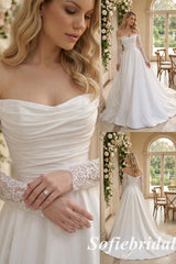 Classic Satin Wedding Dress With Long Lace Sleeves A-Line  Modern Bridal Gown, SFWD0083