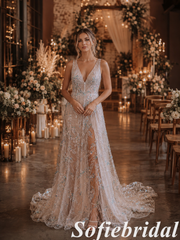 Beaded Tulle Plunge V-Neck A-Line Wedding Dress, SFWD0091