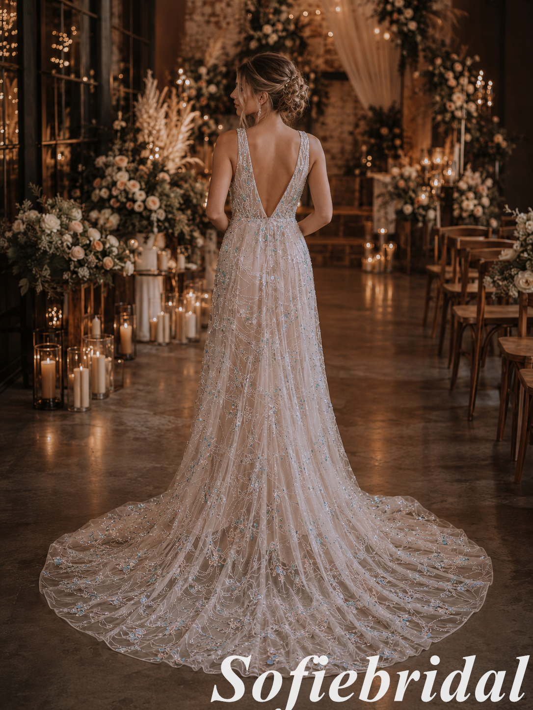 Beaded Tulle Plunge V-Neck A-Line Wedding Dress, SFWD0091