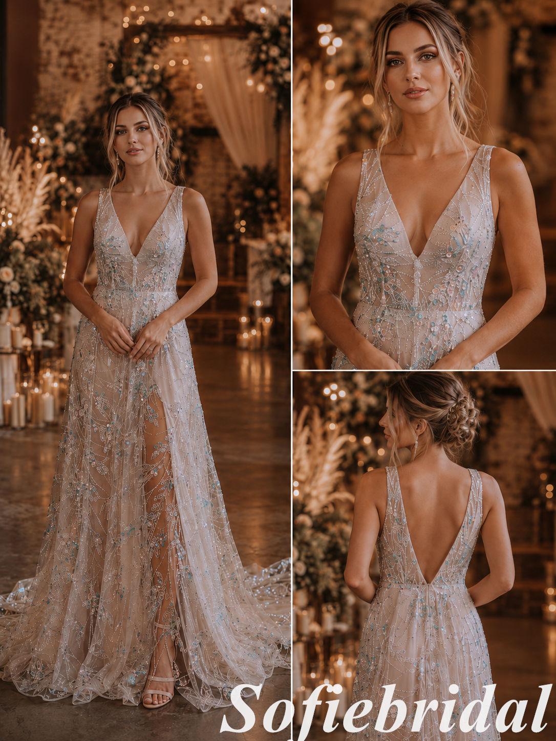 Beaded Tulle Plunge V-Neck A-Line Wedding Dress, SFWD0091