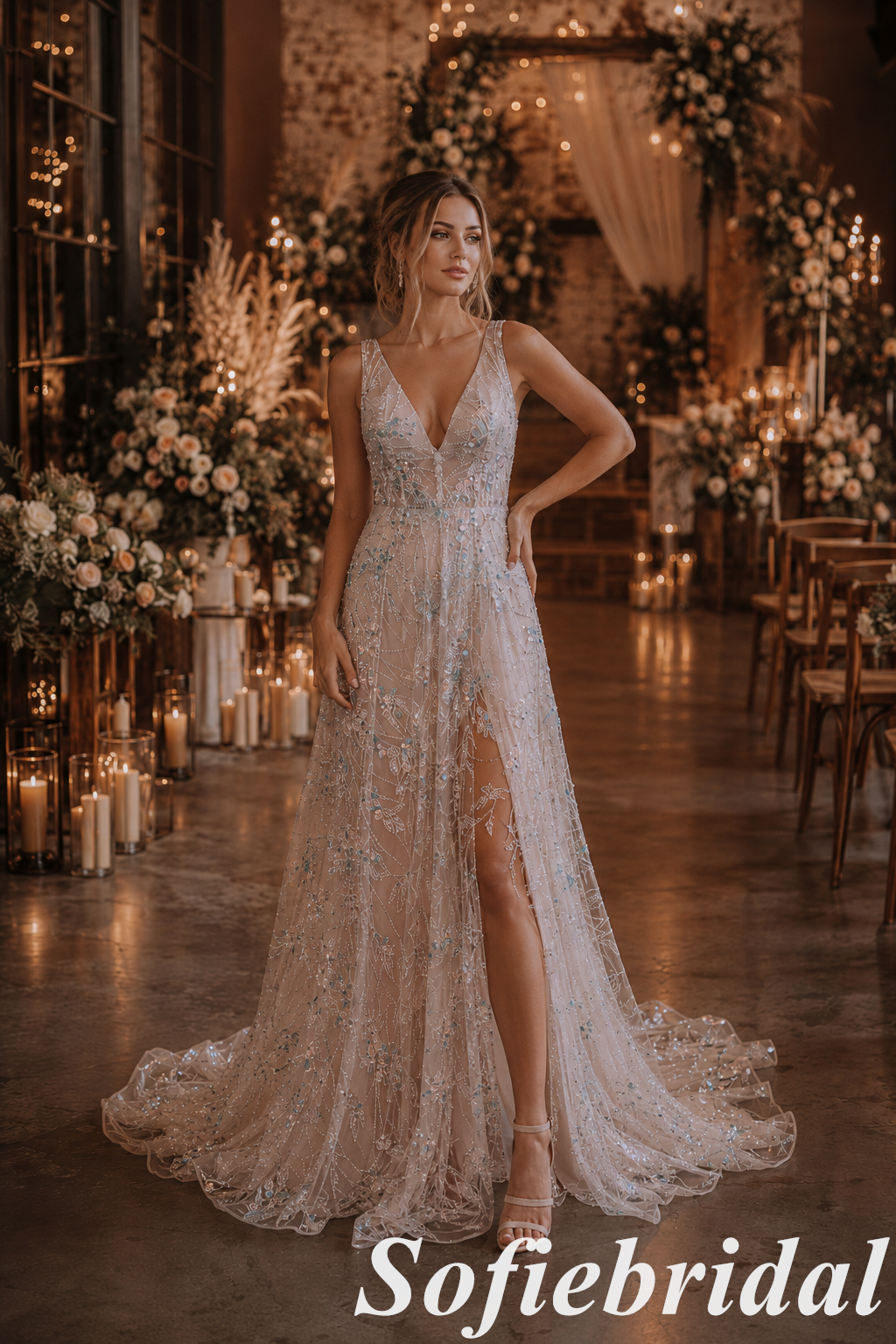Beaded Tulle Plunge V-Neck A-Line Wedding Dress, SFWD0091