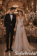 Beaded Tulle Plunge V-Neck A-Line Wedding Dress, SFWD0091