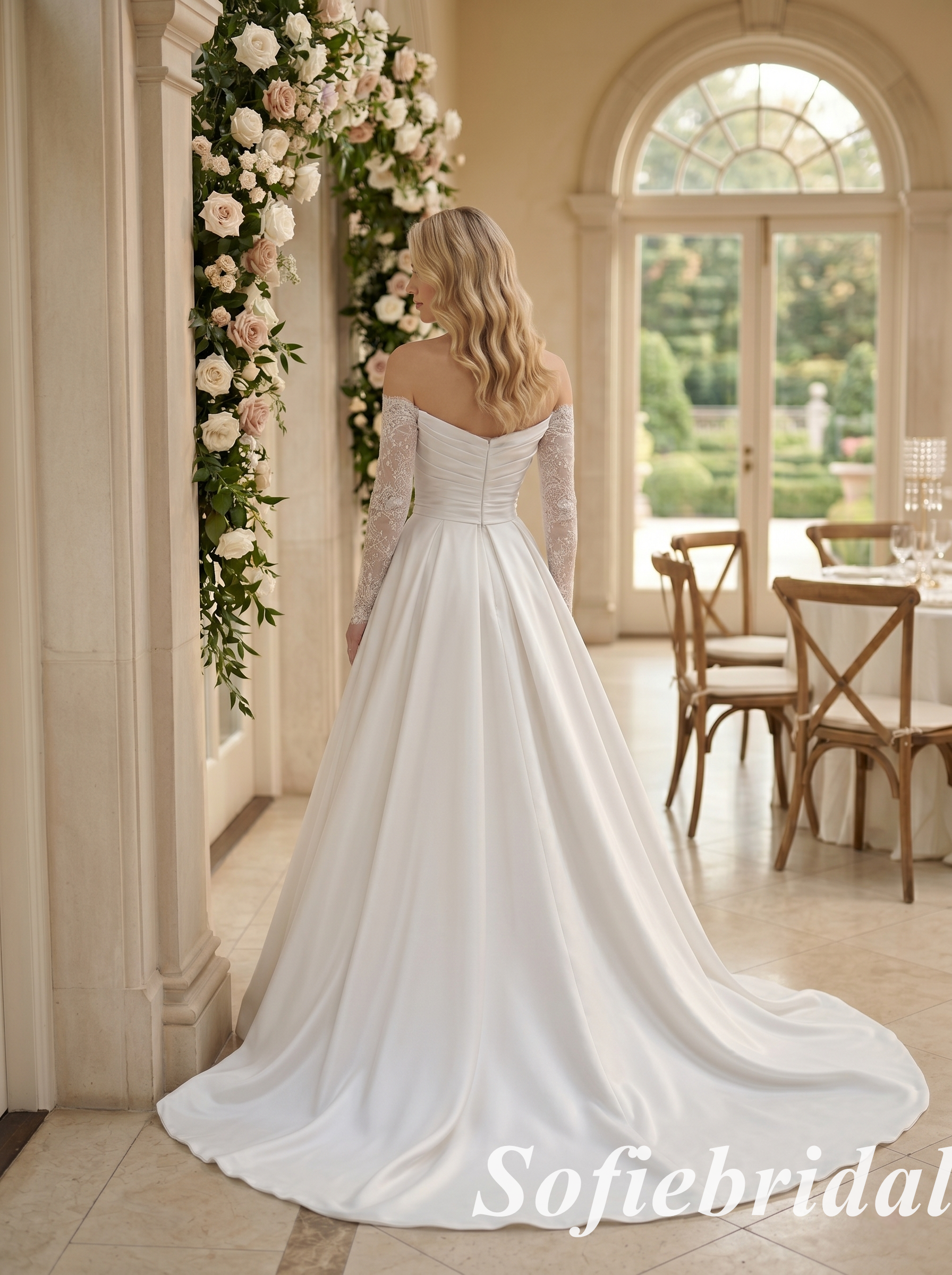 Classic Satin Wedding Dress With Long Lace Sleeves A-Line  Modern Bridal Gown, SFWD0083