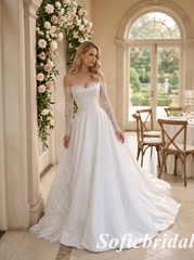 Classic Satin Wedding Dress With Long Lace Sleeves A-Line  Modern Bridal Gown, SFWD0083