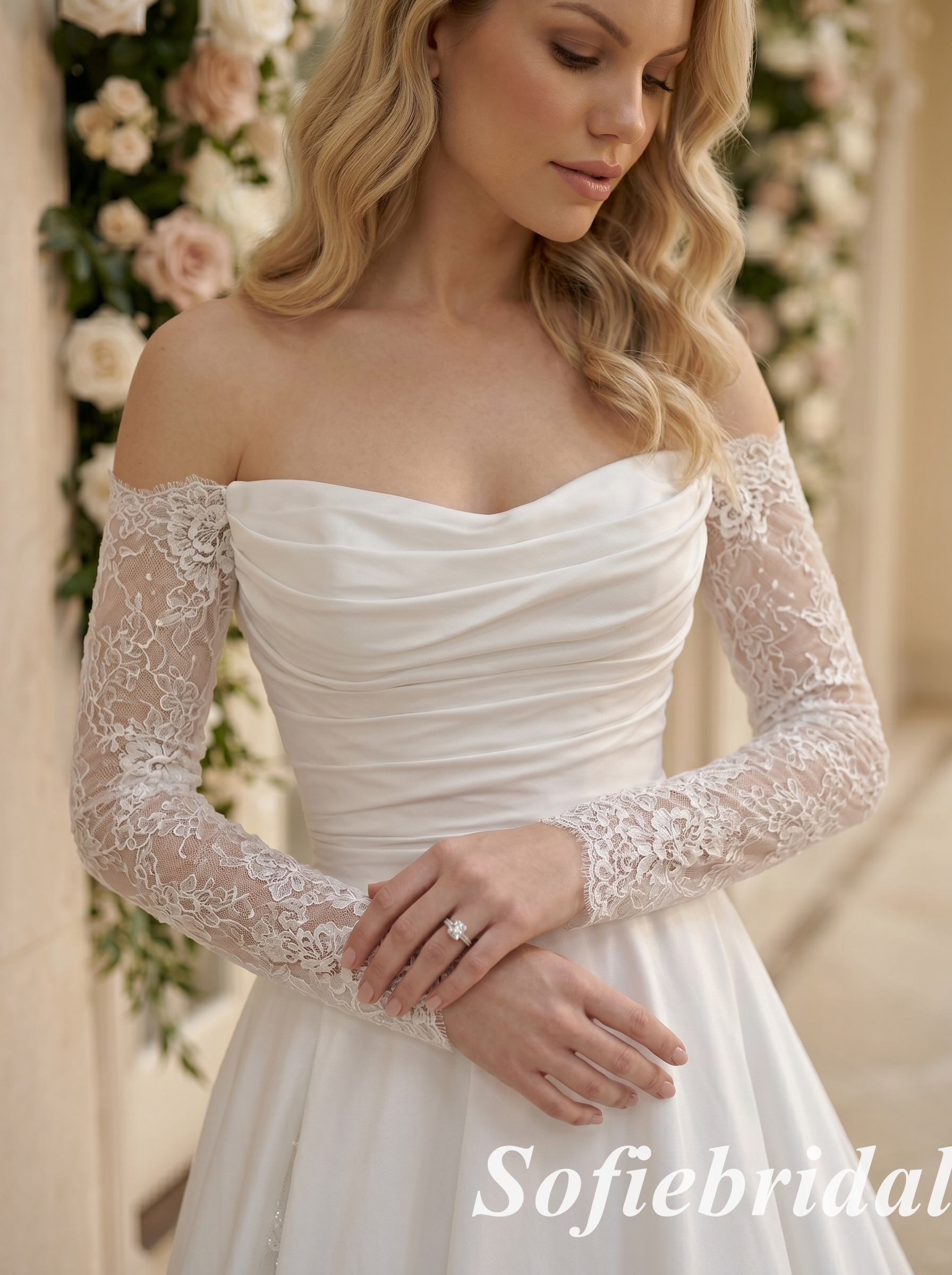 Classic Satin Wedding Dress With Long Lace Sleeves A-Line  Modern Bridal Gown, SFWD0083