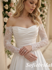 Classic Satin Wedding Dress With Long Lace Sleeves A-Line  Modern Bridal Gown, SFWD0083