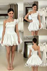 Chic Satin Off Shoulder Ruffle Short A-Line Bridal Dress for Wedding, SFWD0084