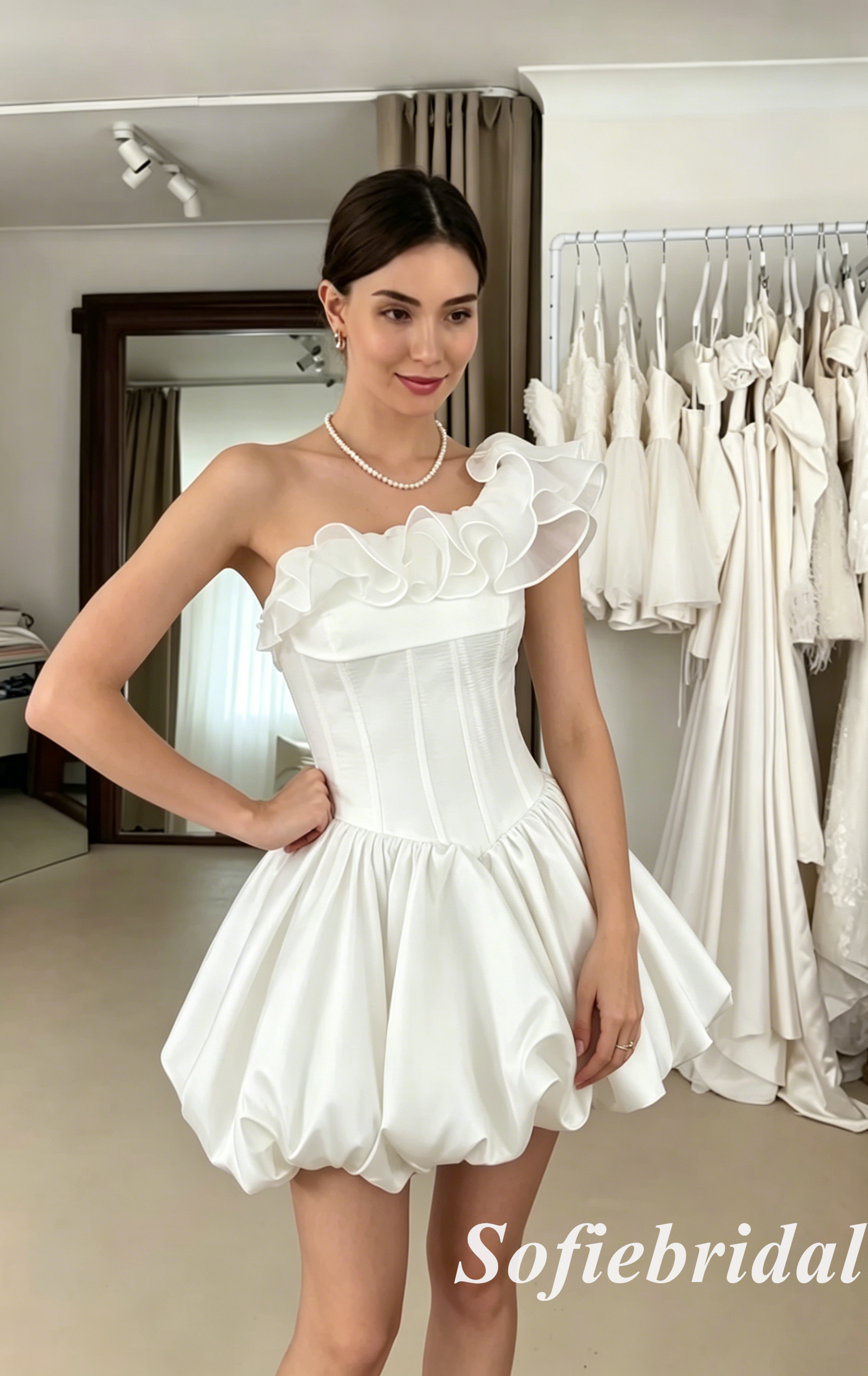 Chic Satin Off Shoulder Ruffle Short A-Line Bridal Dress for Wedding, SFWD0084