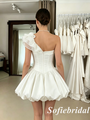 Chic Satin Off Shoulder Ruffle Short A-Line Bridal Dress for Wedding, SFWD0084