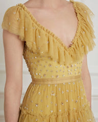 A-Line Cap Sleeves Chiffon Floor Length Prom Dresses With Ruffles,SFPD0012