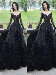 Black Scoop Neckline Long Sleeve V-Neck With Appliques Prom Dresses,SFPD0189