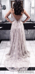 A-line spaghetti straps V-neck Prom Dresses With Train, PD0044