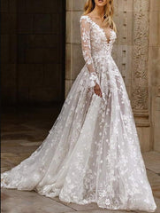 Beautiful Lace V-neck long sleeves Backless Elegant Wedding Dresses,SFWD0050