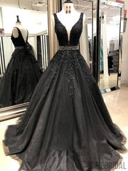 Black V-neck Lace Appliques A-line Prom Dresses, Beaded Prom Dresses, PD0750
