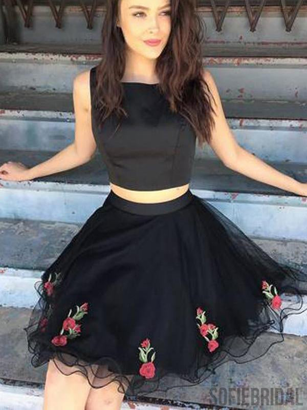 Cute Simple Two Piece Black Lace Cheap Homecoming Dresses 2018, CM416